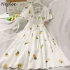 Neploe New Elegant Square Collar Klänning Sommar Ananas Print Vit Midi Vestidos Kvinnor Big Swing A-Line Party Dresses 210423