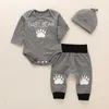 Newborn Baby Romper Sets 3pcs Hat Gray Boy Baby Playsuit Long Sleeve Infan Clothing Bebe Bodysuit Climbing Sets Cotton Clothes G1023