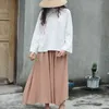 Johnature Women Elastic Waist Pleated Skirts Khaki Autumn Cotton Linen Women Casual Skirts 210521