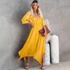 Jastie Embroidered Maple Sun Kimono Midi Dress Women Sexy V-Neck Half Kimono Sleeve Autumn Dresses Boho Beach Female Vestidos 210419