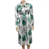 캐주얼 드레스 여성 긴 소매 bowtie 칼라로 인쇄 된 높은 허리 미디 우아한 숙녀 패션 아프리카 Vestidos Roves