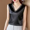 Fashion Stretch Blouses Satin V-neck Shirt Inner Vest Women Hollow Out Lace Patchwork Embroidery OL Woman Tops and 210604