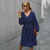 Herfst Jurken Dames Elegante V-hals Casual A-Lijn Midi Jurk Vintage Rood Geel Gestreepte Sjerpen Lace-Up Femme Robe Veatidos 210517