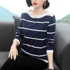 Blue And White Stripe Long Sleeve Shirt Women Button T- Autumn Cotton Tshirt Plus Size Womens Clothing Tee Femme 210615