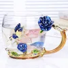 Kupalar yaratıcı mavi gül emaye kristal çay bardağı kahve kupa kelebek boyalı çiçek su bardağı kaşık seti ile berrak cam