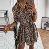 Women Dress Summer Leopard Shirt Long Sleeve Turn-down Collar Sashes Mini Button Up Office Lady Sexy Streetwear 210522