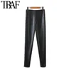 TRAF Femmes Chic Fashion Pu Faux Cuir Pantalon maigre Vintage High Taille Side Fermeture Zipper Slim Femelle Pantalon 210415