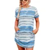 Women's Striped Tie Dye T-Shirt Dress Casual O Neck Short Sleeve Loose Straight Summer Dresses With Pockets Female Long Tee Tops 210526