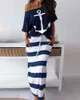 女性の夏のボートアンカープリントTシャツの縞模様のスカートセット女性のセクシーなアウトウェアホームウェアスーツセットレディカジュアルツーピース衣装210415