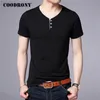 Coodrony Short Sleeve T Shirt Men Sommar Streetwear Casual Cotton Tee Homme Fashion Button Henry Collar T-shirt Män C5091s Y0322