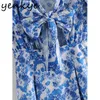 Tatlı Kadınlar Mavi Çiçek Baskı Elbise Seksi Ön Düğüm V Boyun Puf Kol A-Line Mini Yaz Tatil Vestido 210430