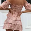 floral print 2 pieces skirt sets summer beach off shoulder ruffle suits women pink sets beach bodycon sets 210415