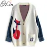 H.SA Women Knitted Sweater and Beige Jumpers Cartoon Fox Jeans Knit Cardigans Button Up oversized 210417