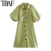 TRAF Kobiety Chic Moda Z Kieszenie Mini Dress Vintage Rękaw Puflowy Button Sukienki Vestidos Mujer 210415