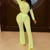 Mesh See-through Printed 2 Pcs Set O-neck Long Sleeve Bodysuit Tops + Bandage Flared Pants Skinny Outfits Suits Party Club Wear 210517