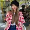 Nomikuma Vintage Çilek Baskılı Bluz Kadınlar Down Yaka Kısa Kollu Tatlı Gömlek Tek Göğüslü Rahat Blusas 210514 Tops