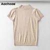 Casual solide tricoté t-shirt femmes manches courtes doux maison t-shirt col roulé dame couverture fine été mujer camisetas 210413