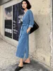 Vestidos Casuais Mulheres Denim Blue Button Botão Split Coreano Feminino Verão Moda Janpanes Robe Long Maxi Jeans Vestido 2021