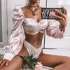 Dames Blouses Streetwear Sexy Vintage Turtleneck Crop Top Backless Puff Sleeve Pink Blouse Lace Up Top 210514