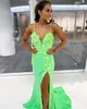 Sparkle Royal Evening Dresses 2023 3D Florals Sequin Prom Gown High Split Fit and Flare Glitter Pageant Party Dress Spaghetti V Neck Women Formal Event Gown
