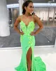 Sparkle Royal Evening Dresses 2023 3D Florals Sequin Prom Gown High Split Fit and Flare Glitter Pageant Party Dress Spaghetti V Neck Women Formal Event Gown Gown