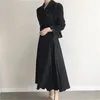 Herbst Zweireiher Koreanische Frauen Langes Kleid Volle Hülse Kerb Kragen Gürtel Plissee Kleider Elegante Büro Vestidos 210513