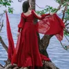 Yosimi Bomull och linne Vintage Long Women Dress Spring Evening Party Night Red V-Neck Lantern Sleeve Vestidos 210604
