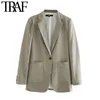 TRAF femmes mode bureau porter un bouton Blazers manteau Vintage à manches longues poches vêtements de dessus pour femmes Chic hauts 210415