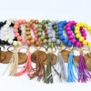 Gepersonaliseerde Lederen Kwastje Armband Sleutelhanger Kettingen Gekleurde Houten Beaded WristLet Bangle Gesneden Bead Elastische Pols Bands Charm Hangers Sieraden H11O1VI