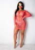 Sexy neon groene zomer strand jurk vrouwen uit de schouder lange mouw bodycon mesh uitgehold clubwear mini vestidos 210517