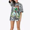 Women Black Green Gold Blue Silver T-shirt O Neck Short Sleeve Sequined Cartoon Mermaid Letter Loose Top Summer B0777 210514