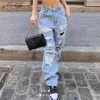 Macheda High Waist Loose Jeans Clothes Women Casual Blue Denim Streetwear Ripped Hole Trousers Lady Fashion Straight Pants 2020 H0908