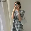 女性のドレス韓国のシックな服エレガントなOネックパフスリーブスリムフィットvestidosハイウエスト格子縞の女性ドレス92544 210519