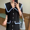 Office Lady Ruffles Navy Collar Elegant Color-Hit Femme Straight Sale Summer Vintage Mini Dresses Vestidos 210525