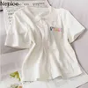 Neploe Embroidery T Shirts Women Summer Preppy Style Single Breasted Short Sleeve Female Tops Casual Slim Ladies Tees1B309 210423