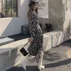 Çiçek Baskılı Vintage Kadınlar Uzun Elbise İlkbahar Sonbahar Tam Kollu V Yaka Bölme Elbiseler Zarif Kore Moda Vestidos 210513