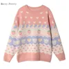 Roze cartoon aardbei borduurwerk sweaters zoete stijl gebreide truien vrouwen winter dikke warme trui jumpers meisjes top 211103