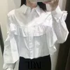 Women Fashion With Ruffled Trims Poplin Blouses Vintage Long Sleeve Button-up Female Shirts Blusas Chic Tops 210507