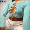 Kliou Sexig Hollow Out Drawstring Bandage Full Sleeve Crop Top Ribbed Striped Short T-Shirt Club Party Wear Streetwear Outfits x0628