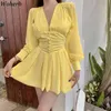 Lato Koreańska Żółta Mini Dress Kobiety Plised Wysoka Talia V-Neck Beach Wakacyjna Party Eleganckie Dresses Robe Femme 210519