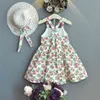 Meninas bebê floral impressão vestidos verão crianças meninas flores princesa vestidos crianças suspensórios de suspensórios com chapéus 210429