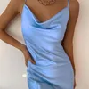 Casual Dresses Satin Sexy Midi Length Party Club Dress Sling High Split Low Cut A Line Female Elegant Vestidos 2021