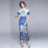 High-end Trendy Womens Tweedelige Set Tops + Broek Gedrukt Korte Mouw Zomer Mode Elegante Lady Past Office Party Casual Boutique Sets