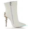 Full Glossy White Pearl Ankle Boots Crystal Gold Snake Twined High Heels Pointed Toe Woman Winter Plush Short Wedding Boots