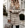 Cappotto scozzese Donna Primavera Autunno Moda Colletto rovesciato Doppio petto Cappotti lunghi in nylon slim Lugentolo Misto lana da donna