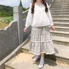 Plaid Lace Panel Pläterad Kjol Kvinnor Vintage Sommar Hög Midja Midi Skirt Koreanska Kawaii Basic Wild Harajuku Cake Long Kjolar 210619