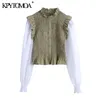 Damesmode Patchwork Smocked Elastische bijgesneden blouses lange mouw Geprikkelde vrouwelijke shirts chique tops 210420