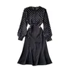 Europa estilo verano elegante mujeres encaje collar doble pecho lunares patchwork vestido negro vestidos de fiesta femeninos 210428