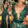Hunter Green Split Evening Dresses With Detachable Skirt Sheer Illusion Bodice Appliqued Long Arabic Party Gowns Prom Wear