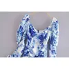 [DEAT] Summer Fashion Square Collar High Waist Drawstring Long Sleeve Printing Elegant Dress Women 13Q003 210527